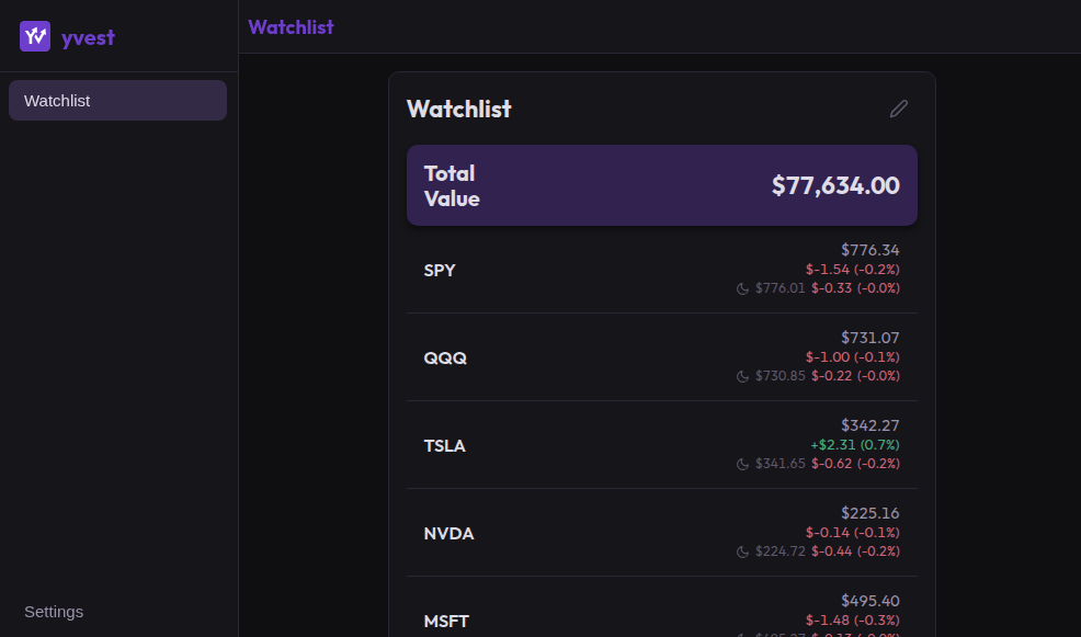 Screenshot of the yvest web app showing a watchlist of stock and crypto tickers with live quotes.